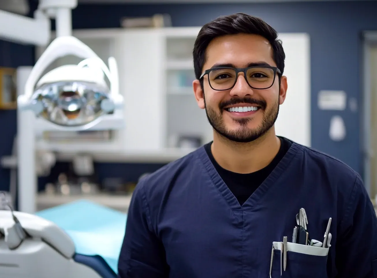 Smiling dentist in navy scrubs in a treatment room