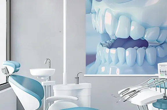 Dental treatment room with a large illustration of teeth on the wall